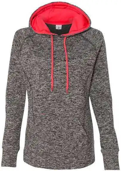 J. America 8616 Womens Cosmic Fleece Hooded Sweatshirt - Charcoal Fleck Fire Coral