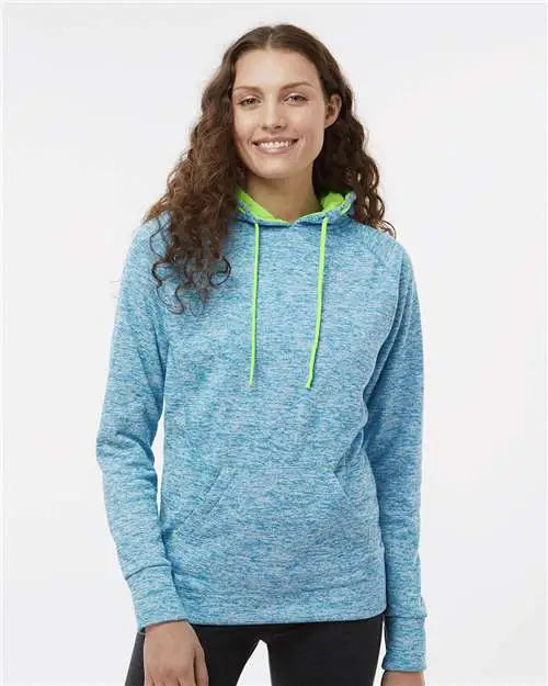 J. America 8616 Women’s Cosmic Fleece Hooded Sweatshirt - Electric Blue Neon Green