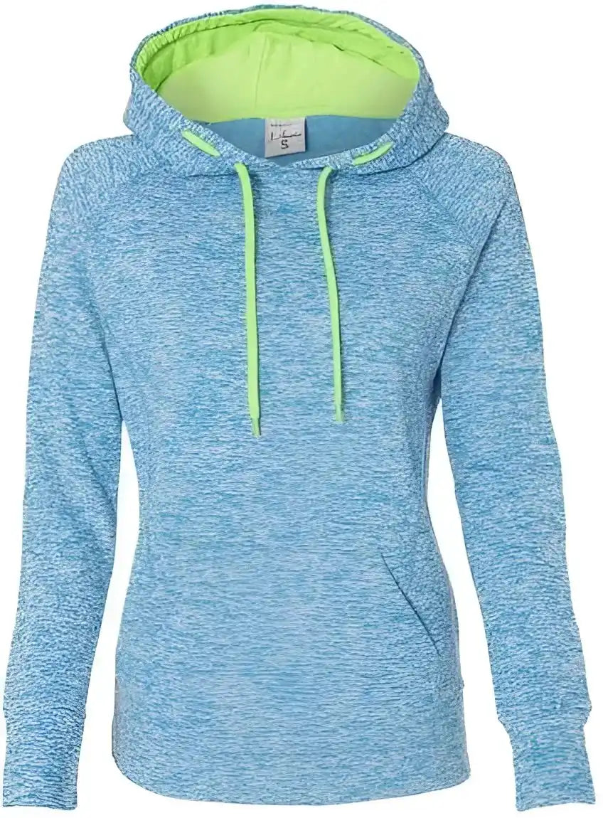J. America 8616 Womens Cosmic Fleece Hooded Sweatshirt Electric Blue Neon Green