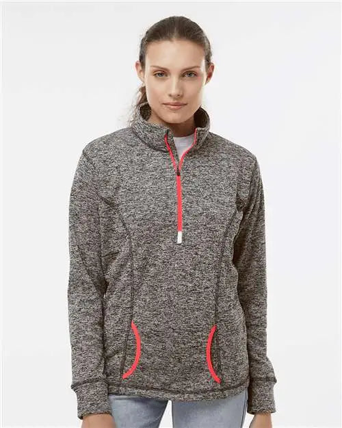J. America 8617 Women’s Cosmic Fleece Quarter-zip Pullover - Charcoal Fleck Fire Coral