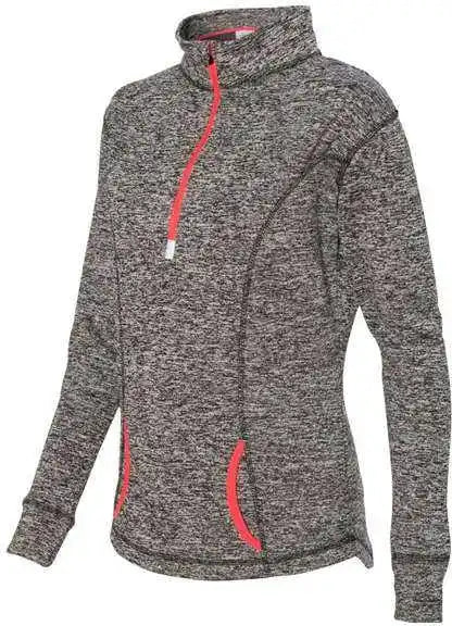 J. America 8617 Women’s Cosmic Fleece Quarter-zip Pullover - Charcoal Fleck Fire Coral