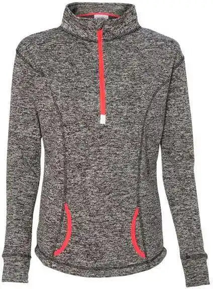 J. America 8617 Women’s Cosmic Fleece Quarter-zip Pullover - Charcoal Fleck Fire Coral