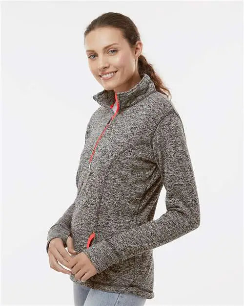 J. America 8617 Women’s Cosmic Fleece Quarter-zip Pullover - Charcoal Fleck Fire Coral