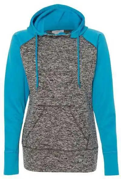 J. America 8618 Womens Colorblocked Cosmic Fleece Hooded Sweatshirt - Charcoal Fleck Electric Blue