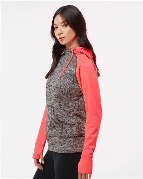 J. America 8618 Women’s Colorblocked Cosmic Fleece Hooded Sweatshirt - Charcoal Fleck Fire Coral