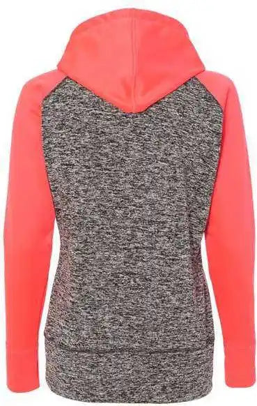 J. America 8618 Womens Colorblocked Cosmic Fleece Hooded Sweatshirt Charcoal Fleck Fire Coral