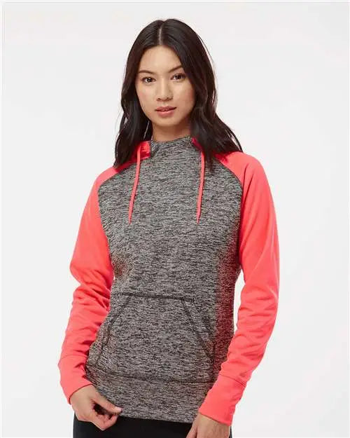 J. America 8618 Women’s Colorblocked Cosmic Fleece Hooded Sweatshirt - Charcoal Fleck Fire Coral