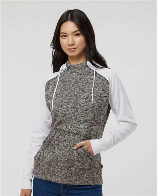 J. America 8618 Women’s Colorblocked Cosmic Fleece Hooded Sweatshirt - Charcoal Fleck White - Dark Gray / s