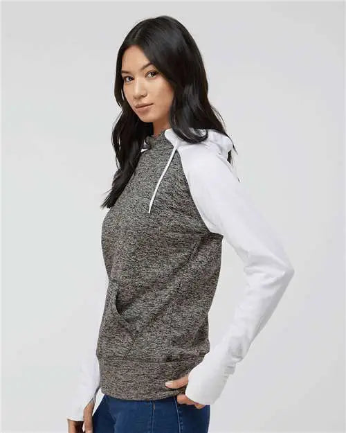 J. America 8618 Women’s Colorblocked Cosmic Fleece Hooded Sweatshirt - Charcoal Fleck White - Dark Gray / s
