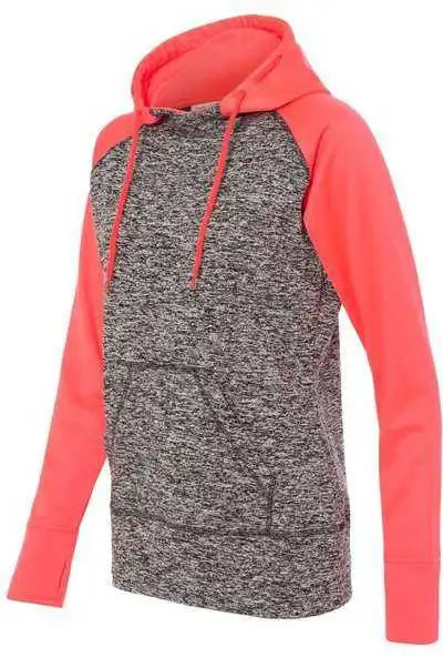 J. America 8618 Womens Colorblocked Cosmic Fleece Hooded Sweatshirt Charcoal Fleck Fire Coral