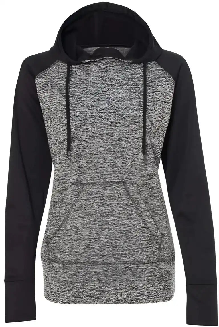 J. America 8618 Womens Colorblocked Cosmic Fleece Hooded Sweatshirt Charcoal Fleck Black