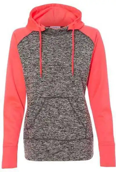 J. America 8618 Womens Colorblocked Cosmic Fleece Hooded Sweatshirt - Charcoal Fleck Fire Coral