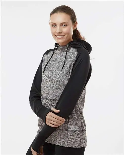 J. America 8618 Women’s Colorblocked Cosmic Fleece Hooded Sweatshirt - Charcoal Fleck Black