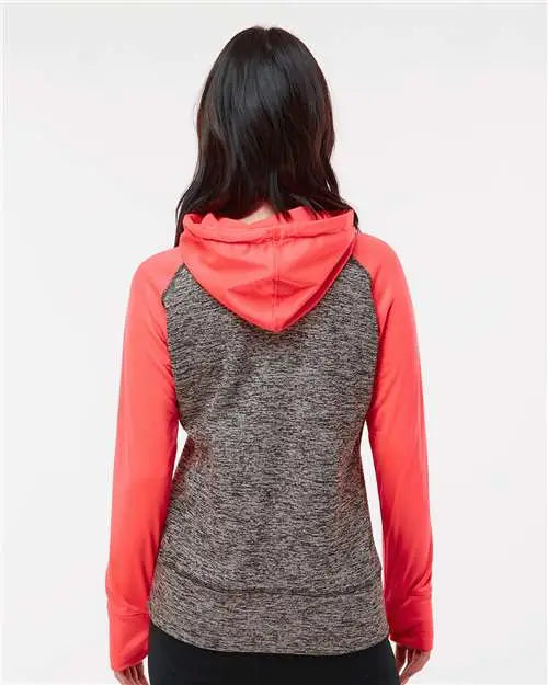 J. America 8618 Women’s Colorblocked Cosmic Fleece Hooded Sweatshirt - Charcoal Fleck Fire Coral