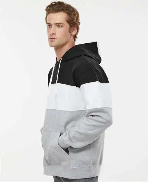 J. America 8644 Varsity Fleece Colorblocked Hooded Sweatshirt Black Oxford