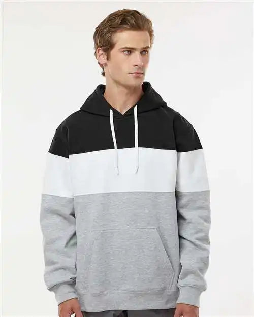 J. America 8644 Varsity Fleece Colorblocked Hooded Sweatshirt Black Oxford