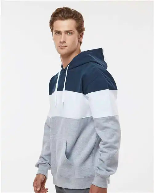 J. America 8644 Varsity Fleece Colorblocked Hooded Sweatshirt Navy Oxford