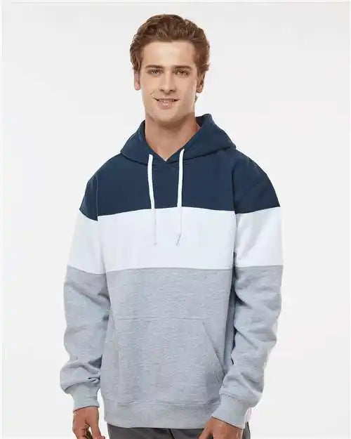 J. America 8644 Varsity Fleece Colorblocked Hooded Sweatshirt Navy Oxford