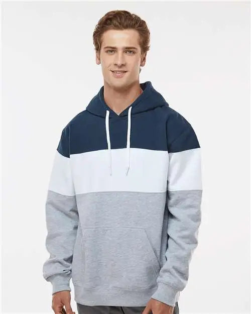 J. America 8644 Varsity Fleece Colorblocked Hooded Sweatshirt - Navy Oxford