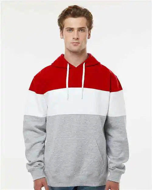 J. America 8644 Varsity Fleece Colorblocked Hooded Sweatshirt Red Oxford