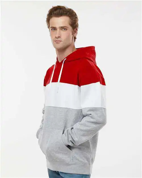 J. America 8644 Varsity Fleece Colorblocked Hooded Sweatshirt Red Oxford