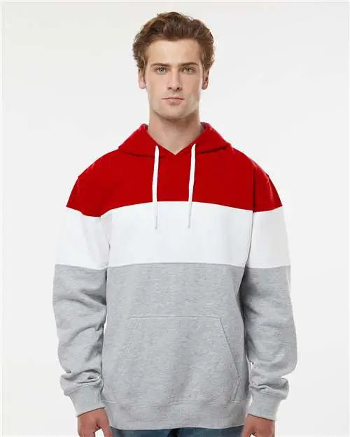 J. America 8644 Varsity Fleece Colorblocked Hooded Sweatshirt - Red Oxford