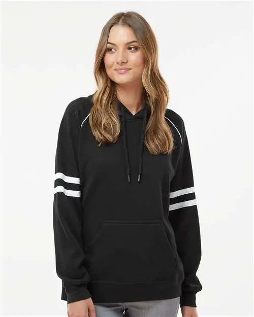 J. America 8645 Women’s Varsity Fleece Piped Hooded Sweatshirt - Black