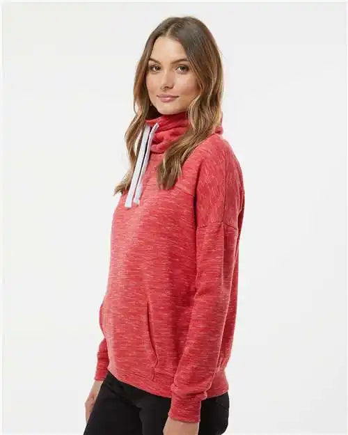 J. America 8673 Women’s Mélange Fleece Cowl Neck Sweatshirt - Red