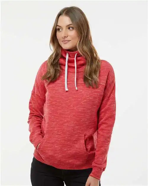 J. America 8673 Women’s Mélange Fleece Cowl Neck Sweatshirt - Red