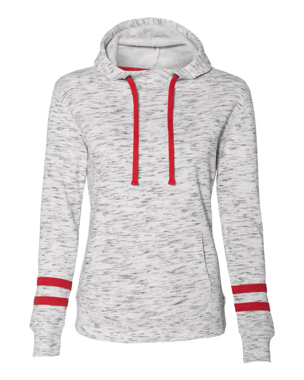 J. America 8674 Women’s Mãlange Fleece Striped-sleeve Hooded Sweatshirt - White Red