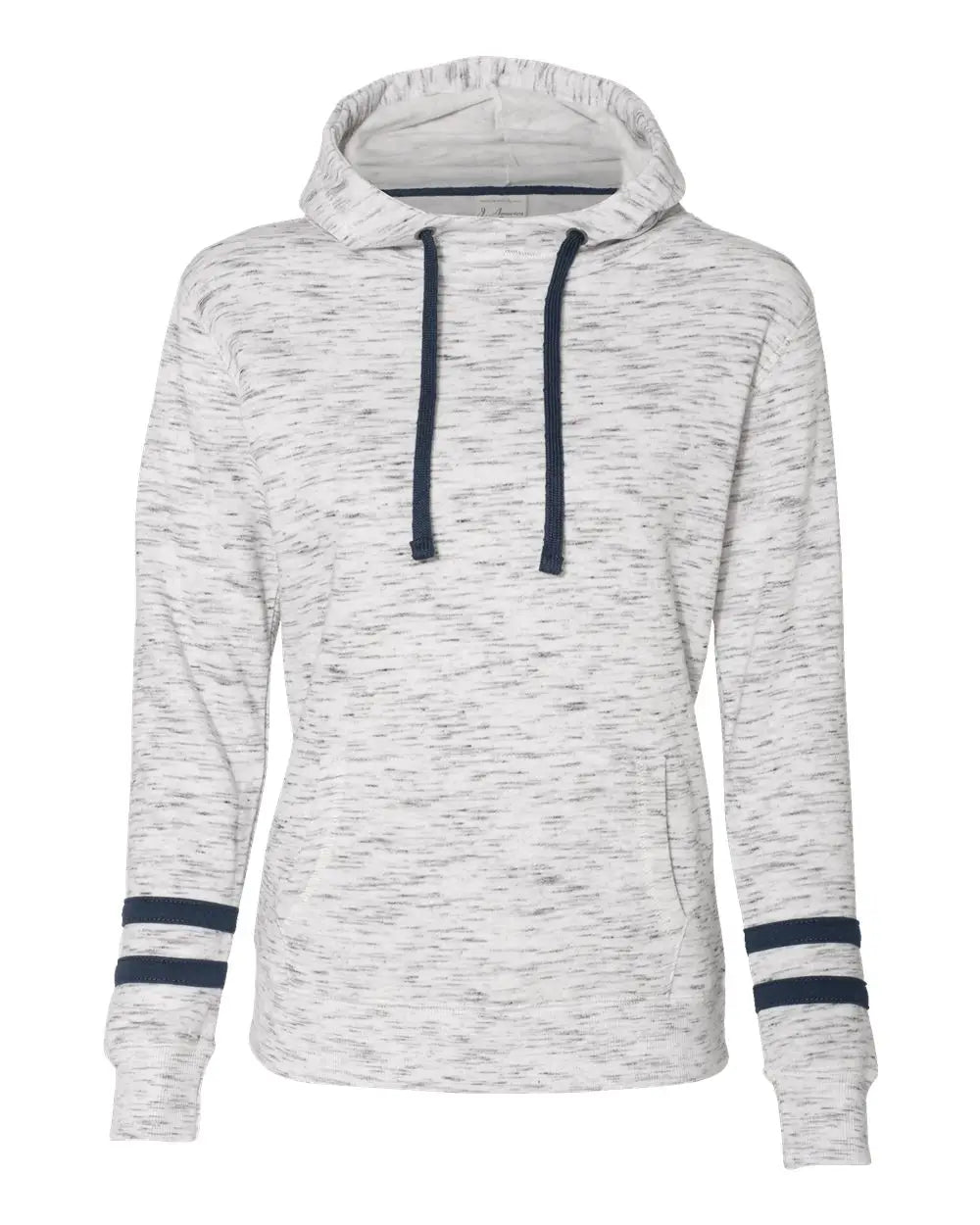 J. America 8674 Women’s Mãlange Fleece Striped-sleeve Hooded Sweatshirt - White Navy