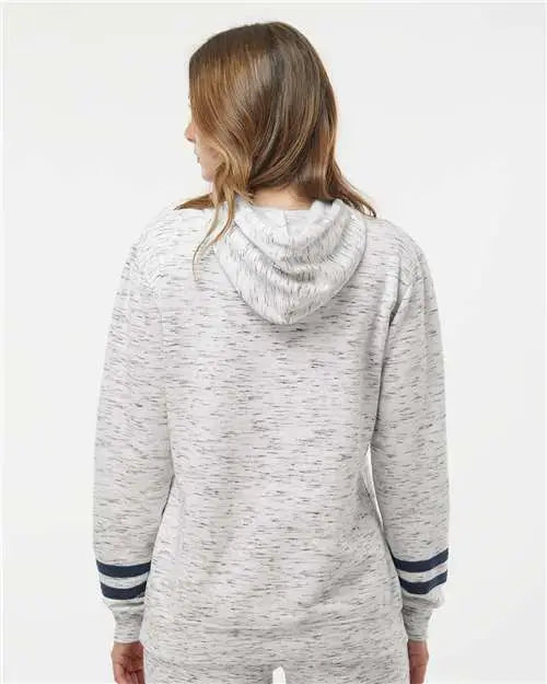 J. America 8674 Women’s Mélange Fleece Striped-sleeve Hooded Sweatshirt - White Navy