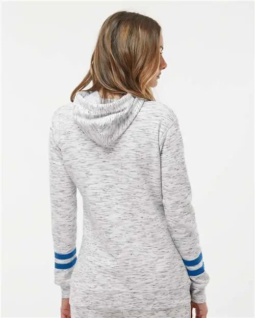 J. America 8674 Women’s Mélange Fleece Striped-sleeve Hooded Sweatshirt - White Royal