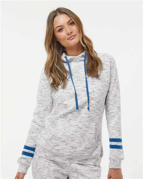 J. America 8674 Women’s Mélange Fleece Striped-sleeve Hooded Sweatshirt - White Royal