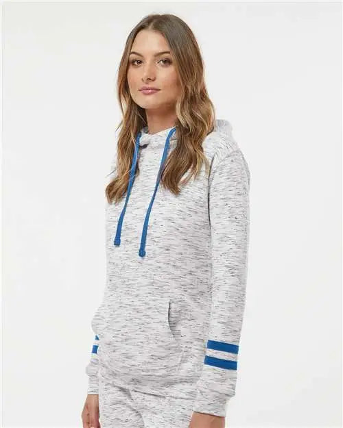 J. America 8674 Women’s Mélange Fleece Striped-sleeve Hooded Sweatshirt - White Royal