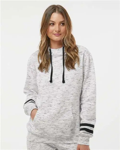 J. America 8674 Women’s Mélange Fleece Striped-sleeve Hooded Sweatshirt - White Black
