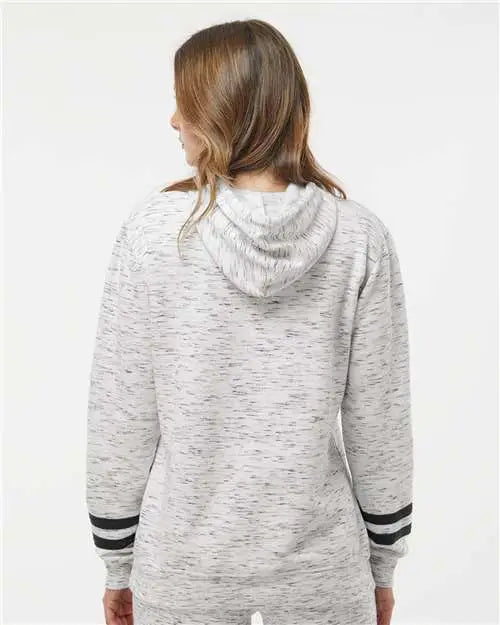 J. America 8674 Women’s Mélange Fleece Striped-sleeve Hooded Sweatshirt - White Black