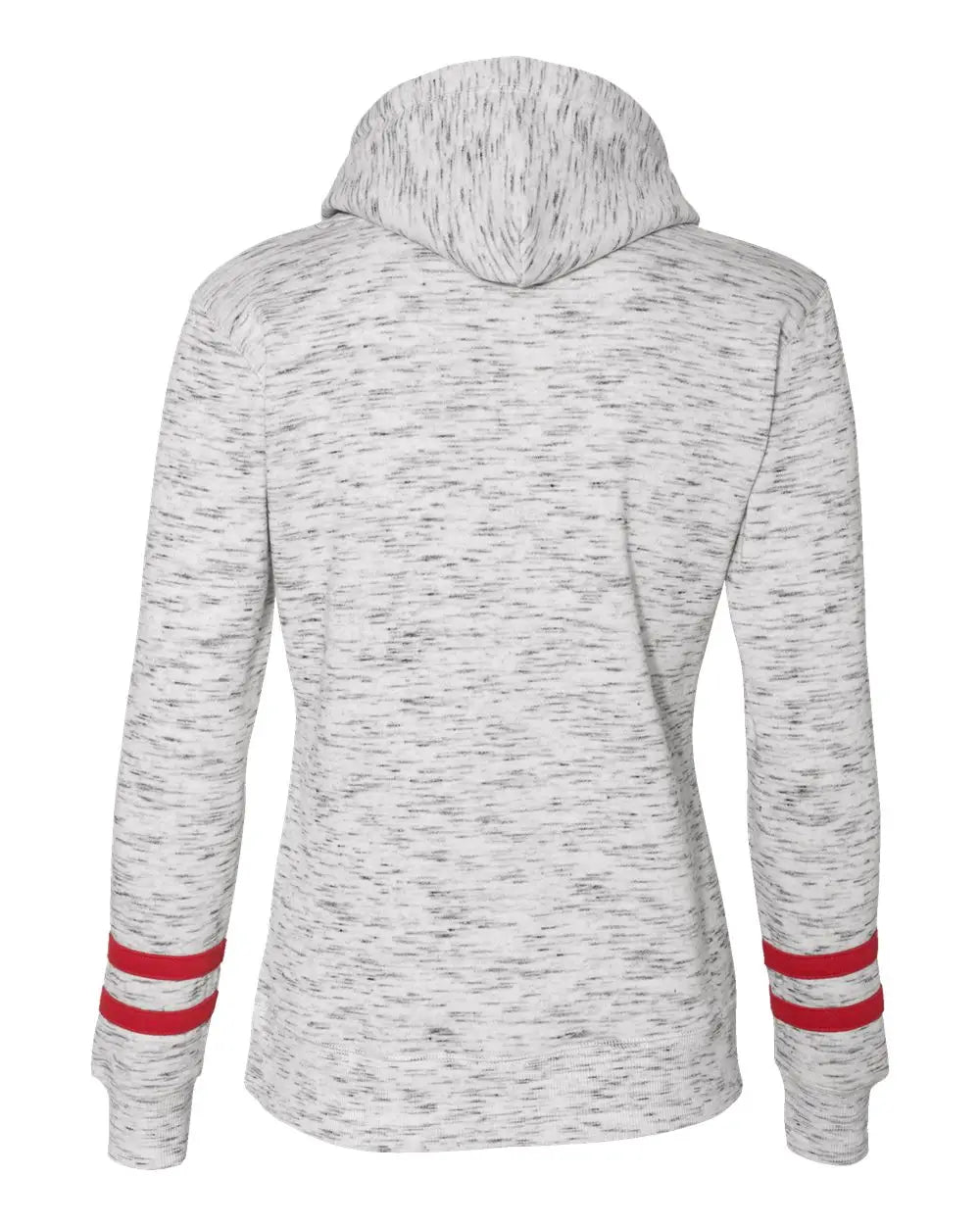 J. America 8674 Women’s Mélange Fleece Striped-sleeve Hooded Sweatshirt - White Red