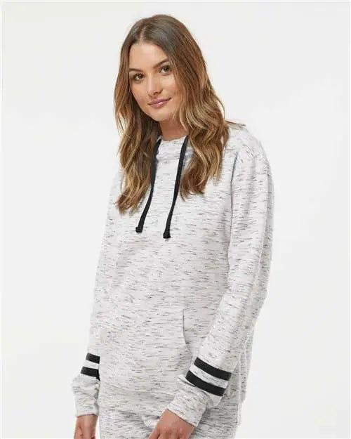 J. America 8674 Women’s Mélange Fleece Striped-sleeve Hooded Sweatshirt - White Black