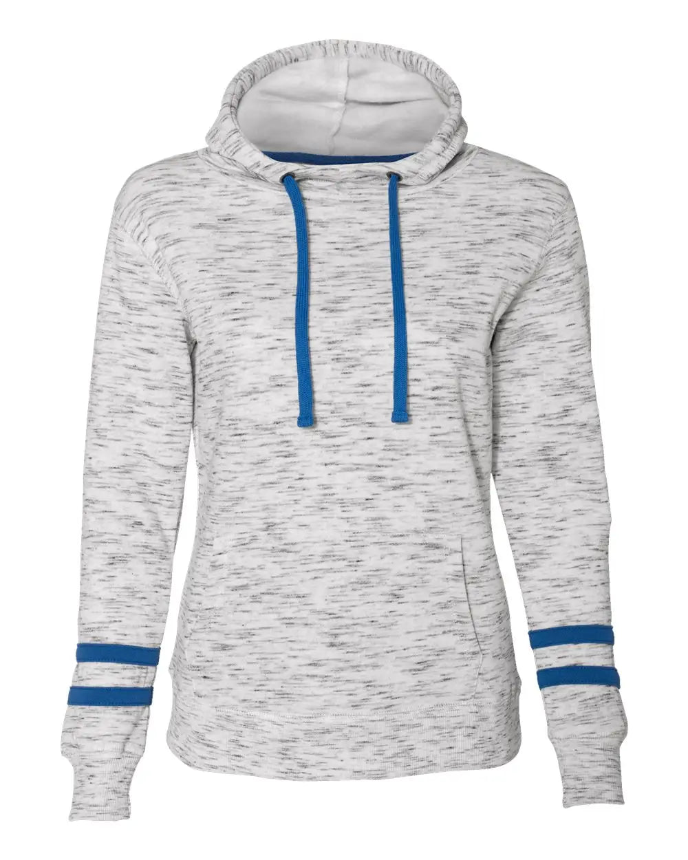 J. America 8674 Women’s Mélange Fleece Striped-sleeve Hooded Sweatshirt - White Royal - s