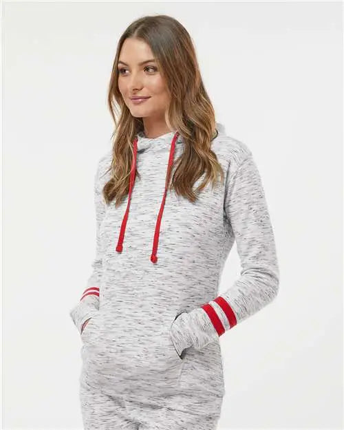 J. America 8674 Women’s Mélange Fleece Striped-sleeve Hooded Sweatshirt - White Red