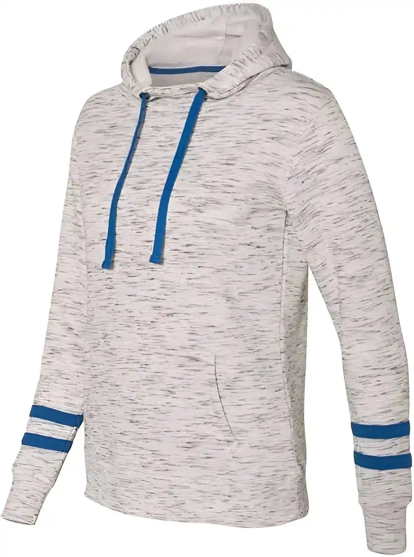 J. America 8674 Womens Mlange Fleece Striped Sleeve Hooded Sweatshirt White Royal