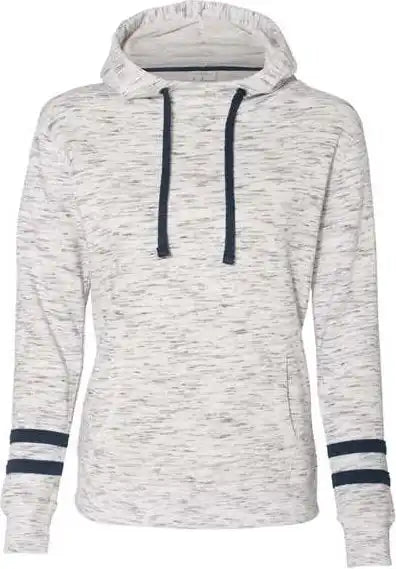J. America 8674 Womens Mlange Fleece Striped Sleeve Hooded Sweatshirt White Navy