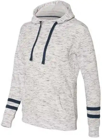 J. America 8674 Womens Mlange Fleece Striped Sleeve Hooded Sweatshirt White Navy