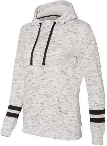 J. America 8674 Womens Mlange Fleece Striped Sleeve Hooded Sweatshirt White Black