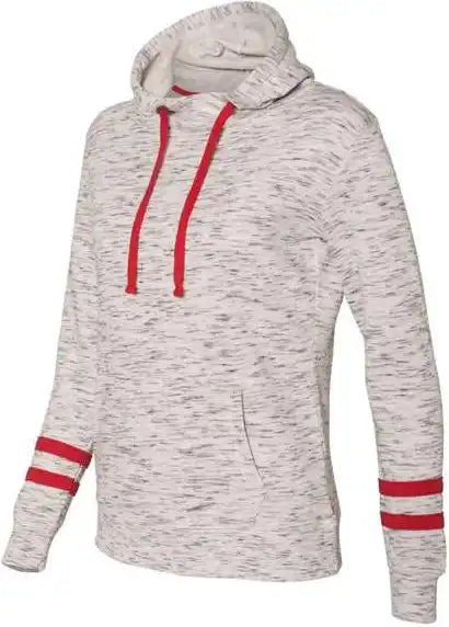 J. America 8674 Womens Mlange Fleece Striped Sleeve Hooded Sweatshirt White Red