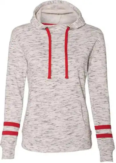 J. America 8674 Womens Mlange Fleece Striped Sleeve Hooded Sweatshirt White Red