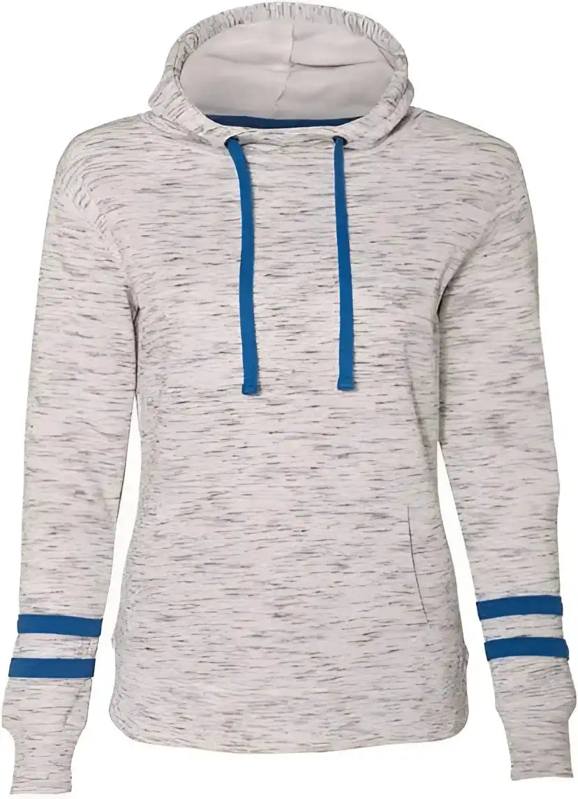 J. America 8674 Womens Mlange Fleece Striped Sleeve Hooded Sweatshirt White Royal