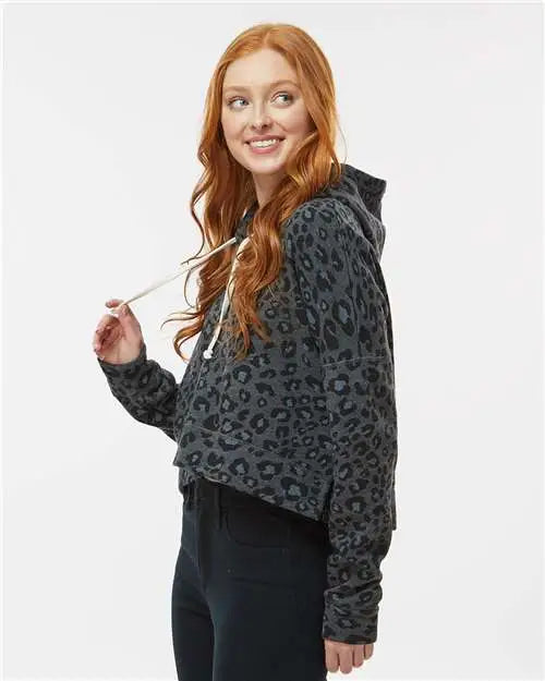 J. America 8853 Women’s Crop Hooded Sweatshirt - Black Leopard Triblend