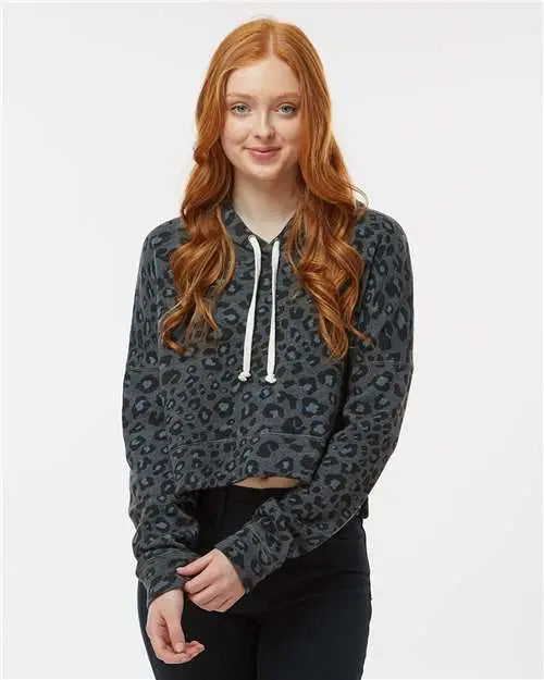 J. America 8853 Women’s Crop Hooded Sweatshirt - Black Leopard Triblend